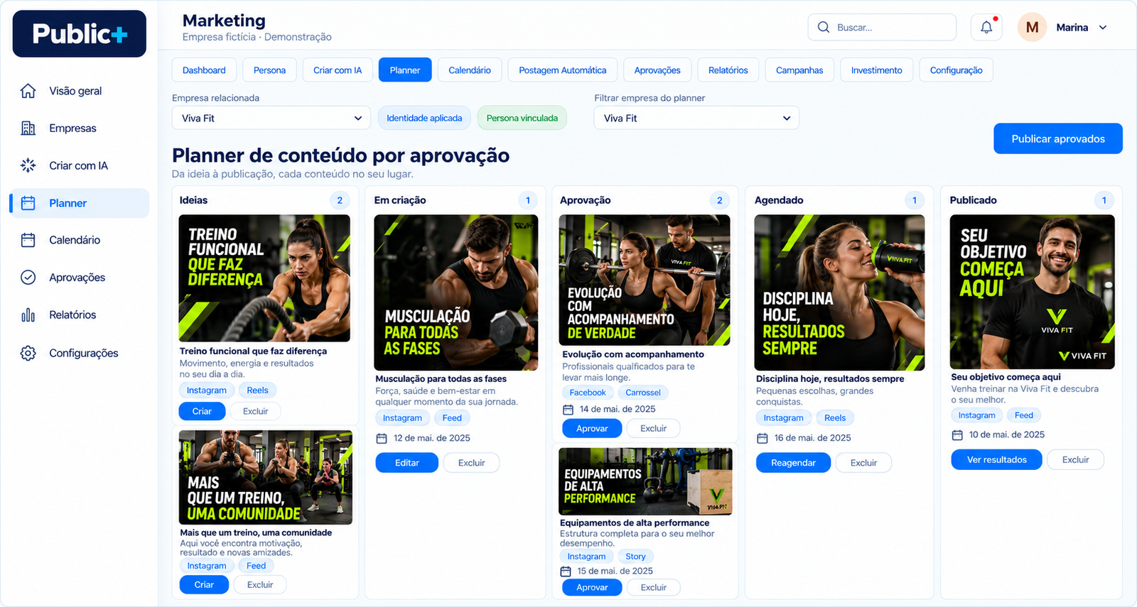 Planner Public+ da empresa fictícia Viva Fit, segmento Academia, com criativos e etapas de aprovação.