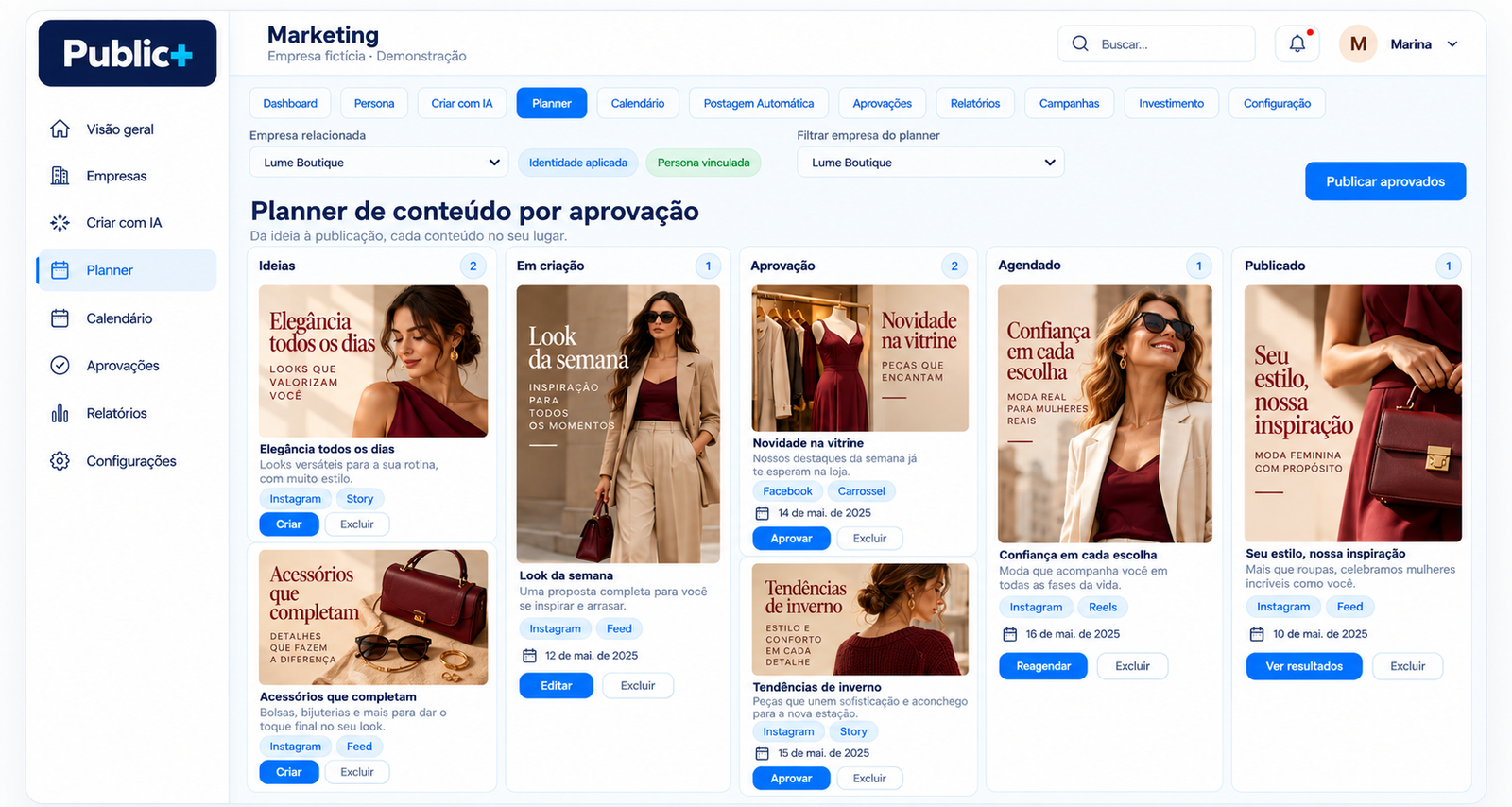 Planner Public+ da empresa fictícia Lume Boutique, segmento Moda, com criativos e etapas de aprovação.