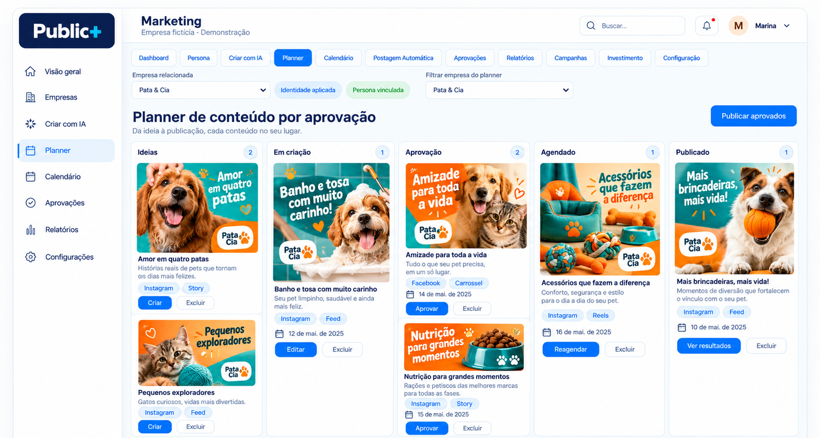 Planner Public+ da empresa fictícia Pata & Cia, segmento Pet shop, com criativos e etapas de aprovação.
