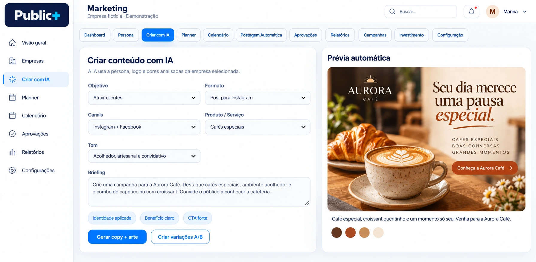Public+: criação com IA para a empresa fictícia Aurora Café, com briefing e prévia do criativo.